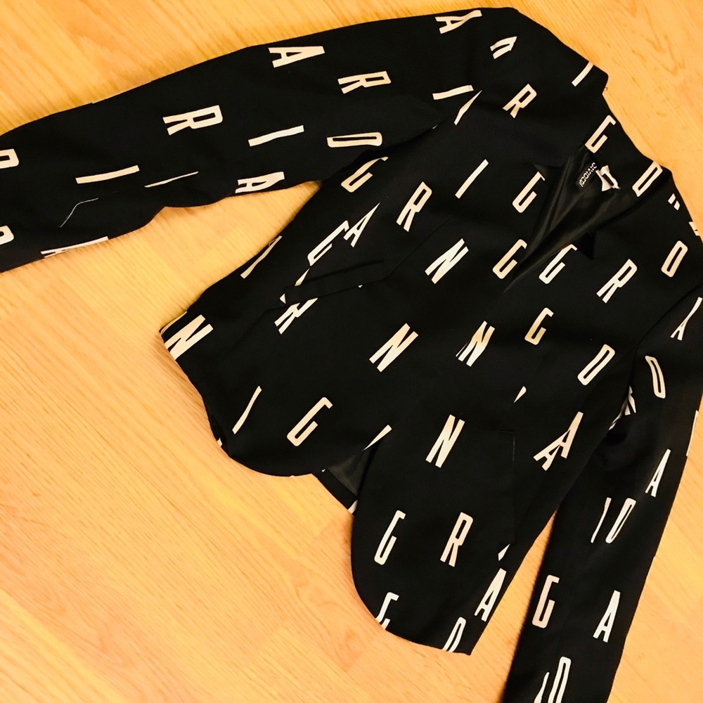 SOLD—Black and White Letter open Blazer